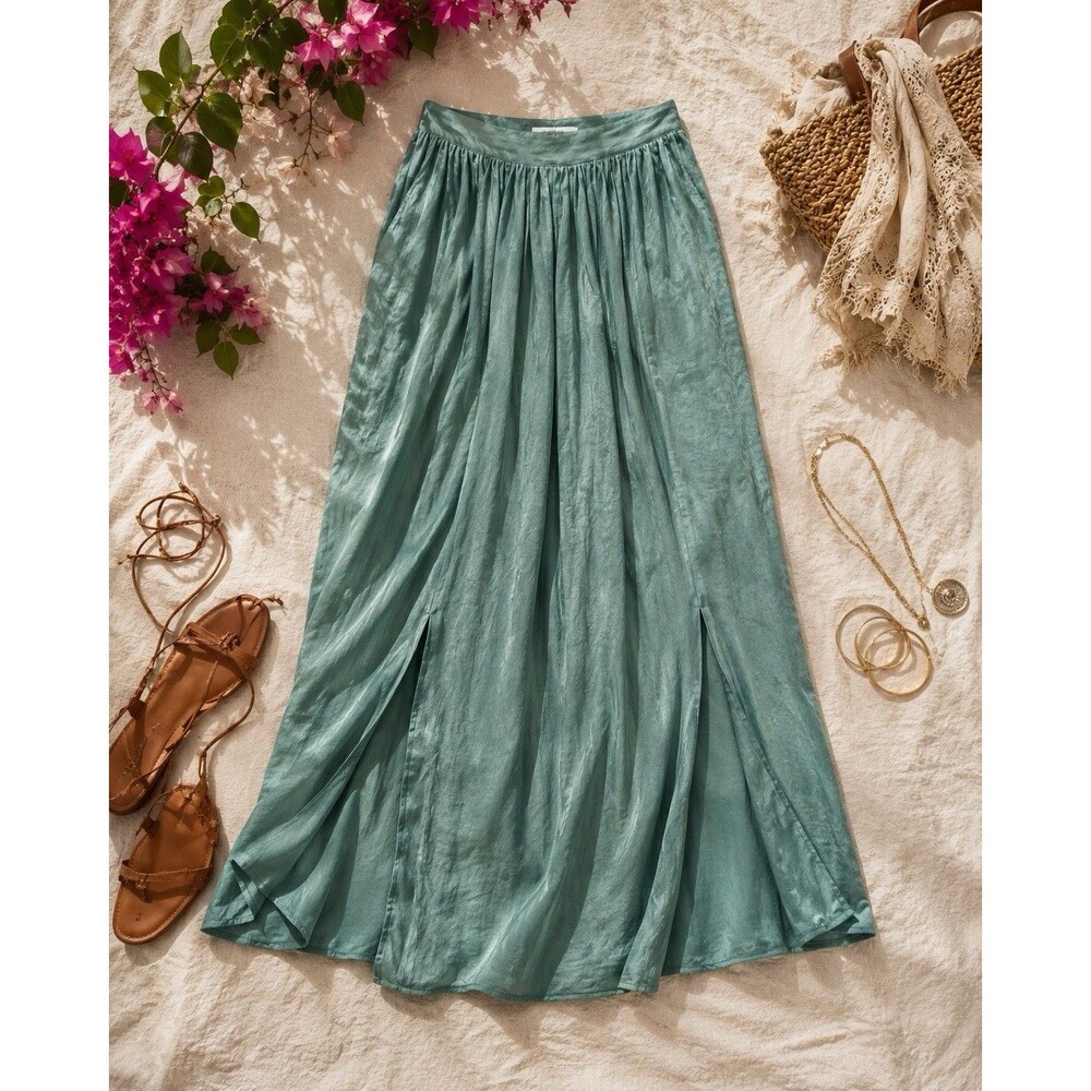 Seafoam Satin Maxi Skirt Resort Boho Large
